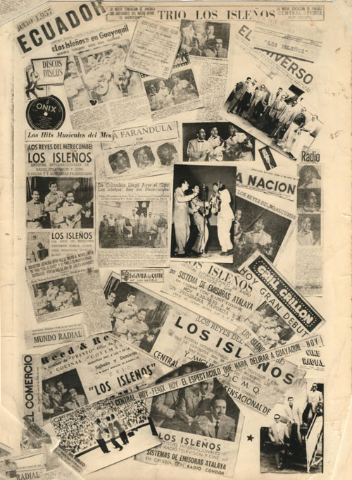 Collage de recortes de prensa colombiana sobre el Trío Los Isleños.